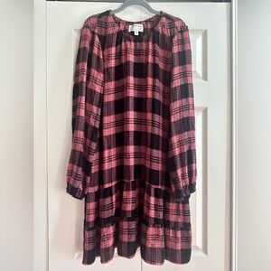 Anthropologie Cloth & Stone Dress Women's L Pink Black Daia Plaid Long Sleeve